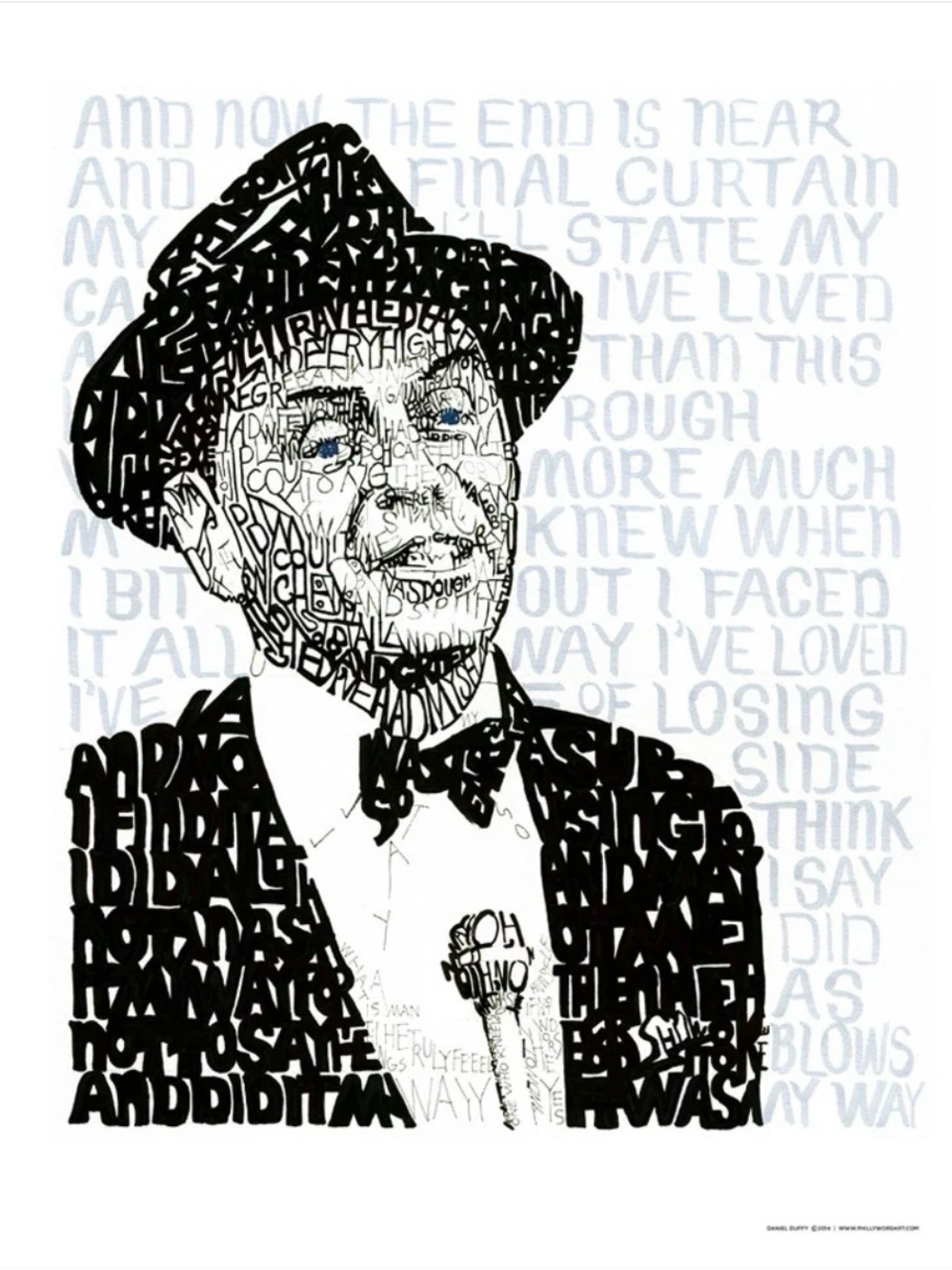 Art of Words -- Frank Sinatra B/W Image Drawn With the Words of "I Did It My Way
